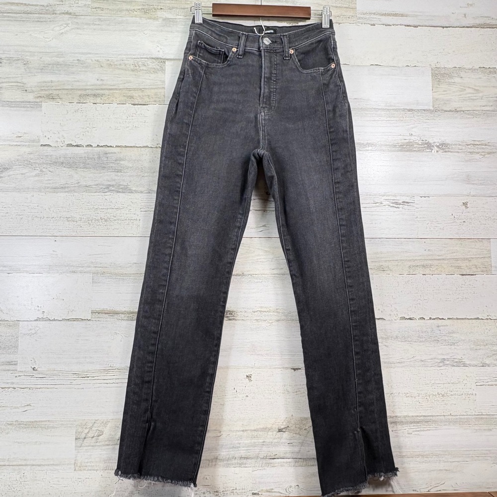 Express 90s Slim Super High Rise Jeans Womens 4R Black Frayed Hem Front Seam‎